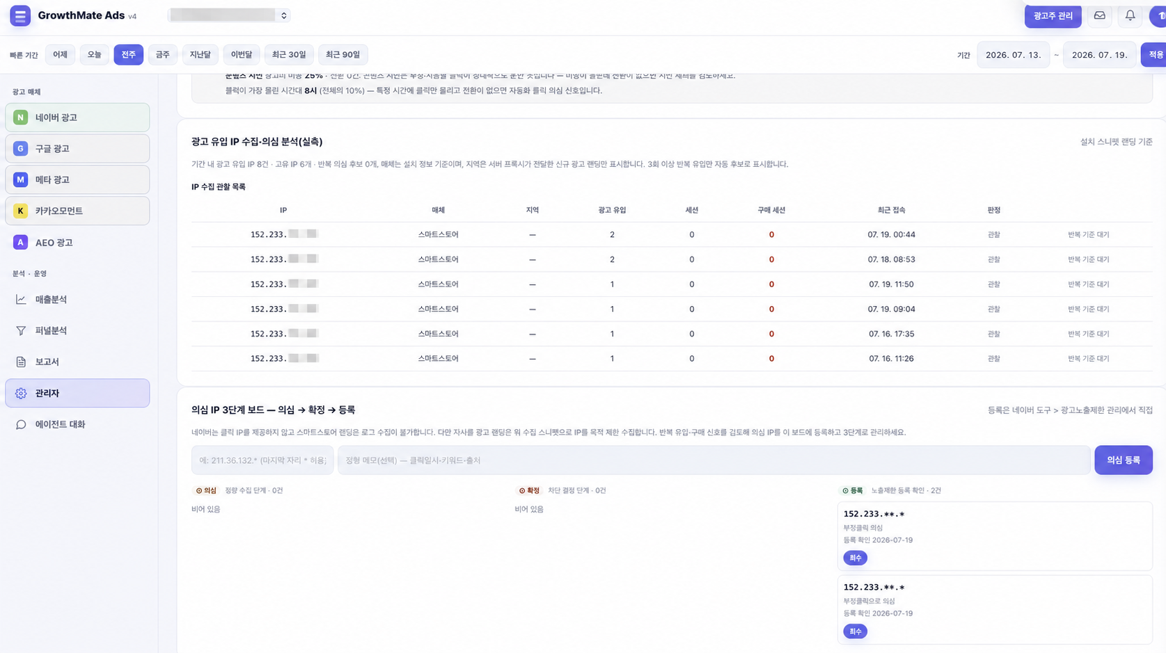 IP의 뒤 자리와 광고주 정보가 블러 처리된 GrowthMate 부정 클릭 의심 분석 화면